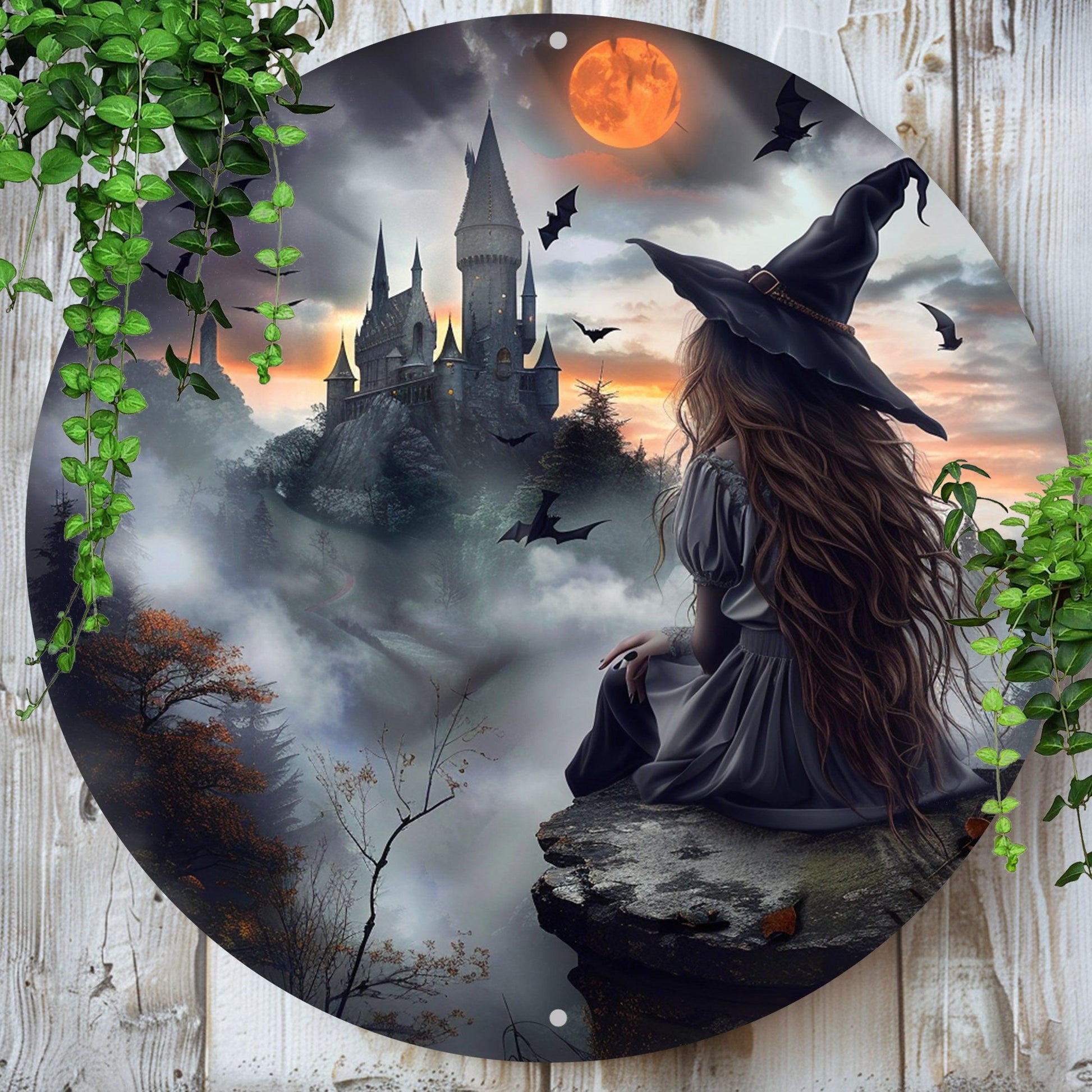 Witch Silhouette Metal Sign Occult Wall Sign For Halloween-MoonChildWorld