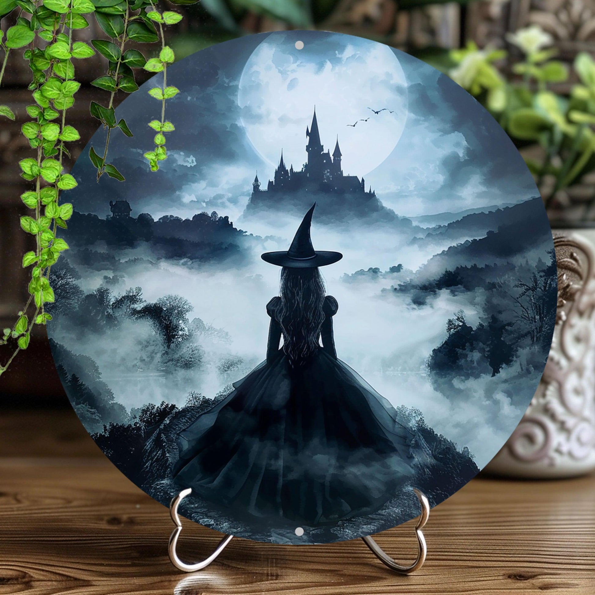 Witch Silhouette Metal Sign Occult Wall Sign For Halloween-MoonChildWorld