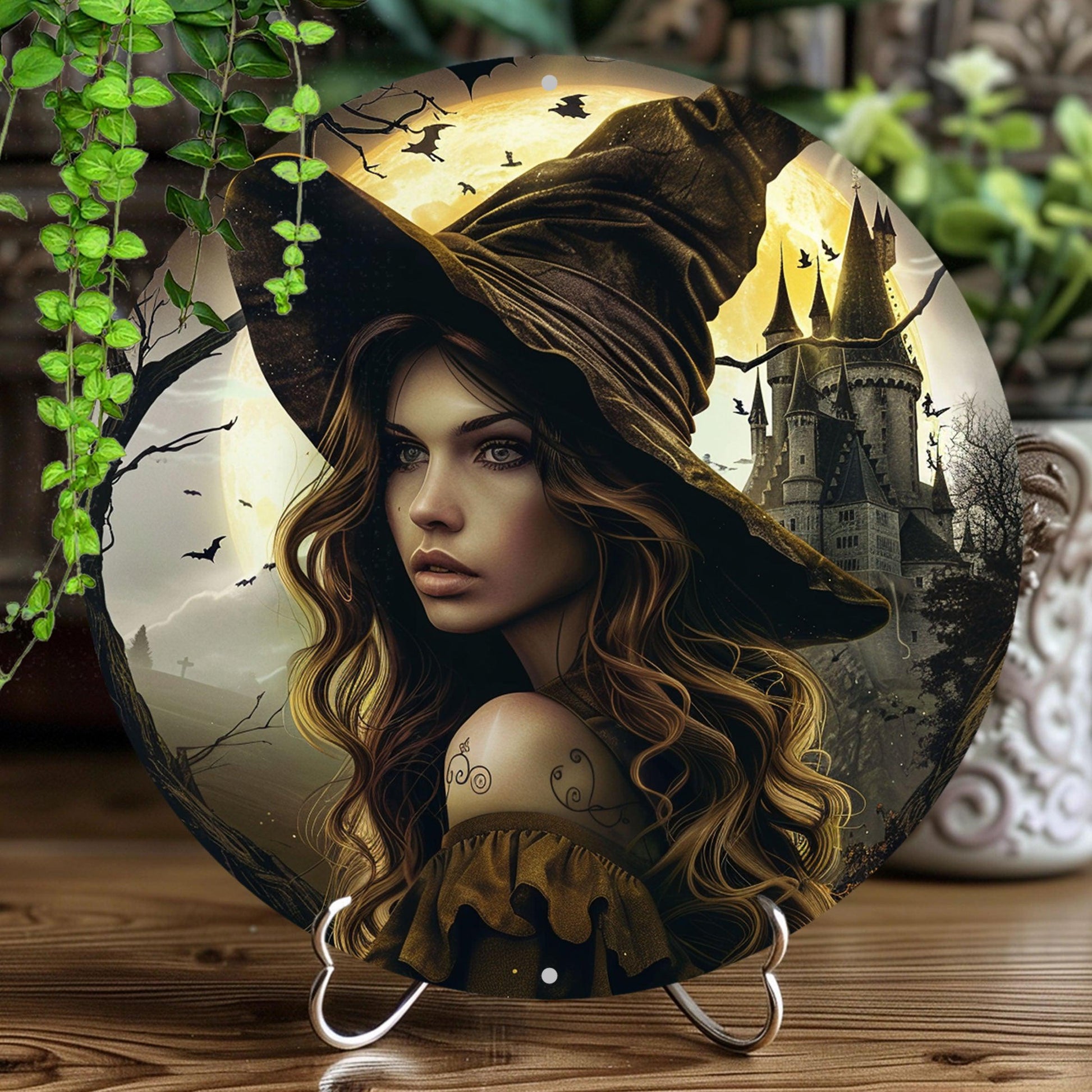 Vintage Castle and Witch Halloween Wall Sign Gothic Metal Wall Art-MoonChildWorld