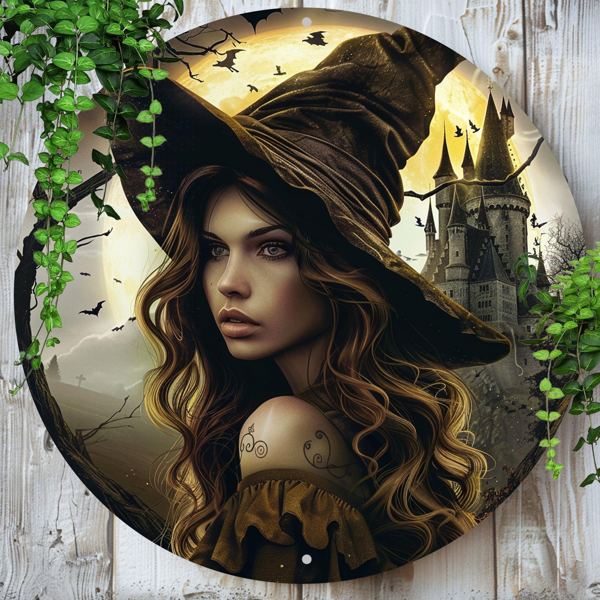 Vintage Castle and Witch Halloween Wall Sign Gothic Metal Wall Art-MoonChildWorld