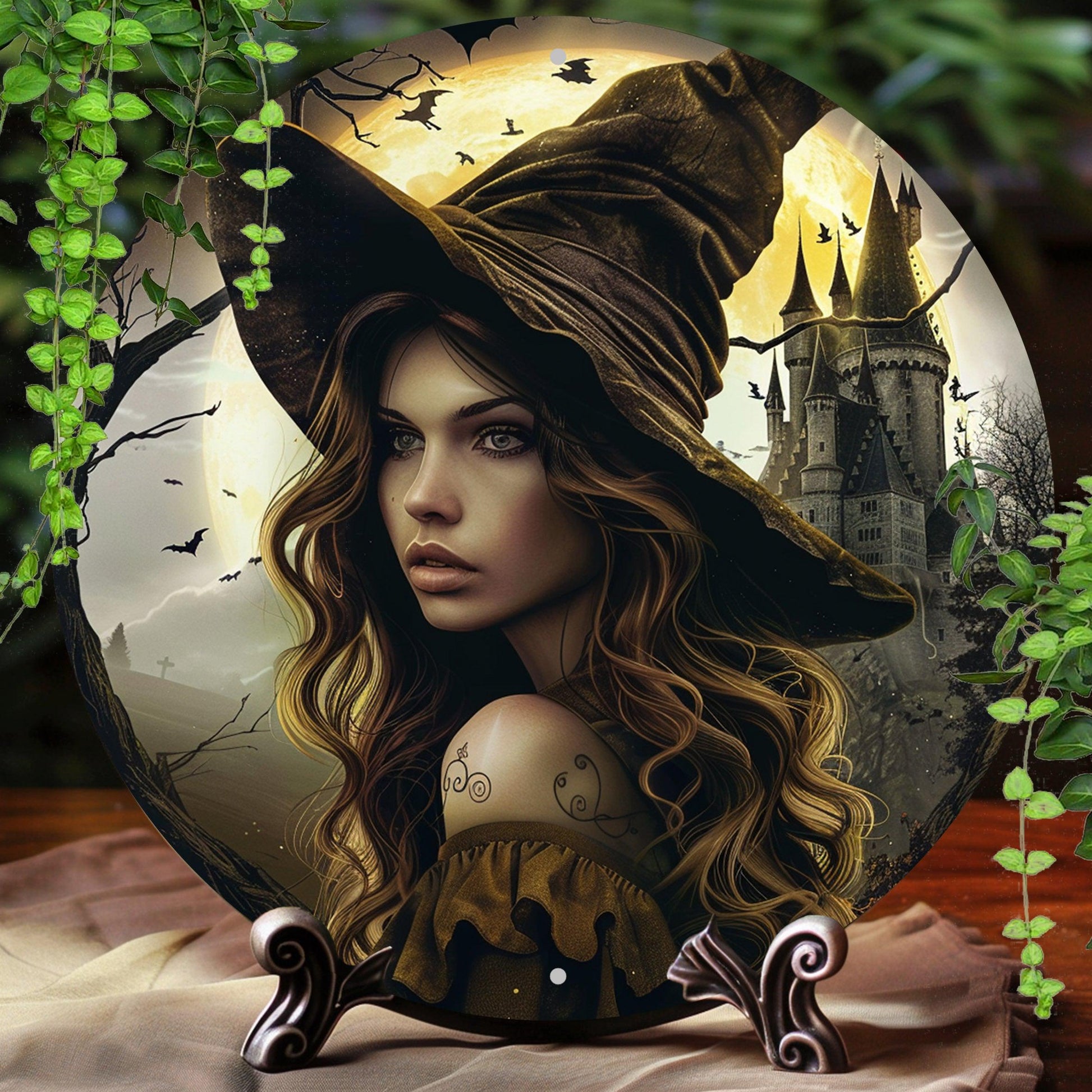 Vintage Castle and Witch Halloween Wall Sign Gothic Metal Wall Art-MoonChildWorld