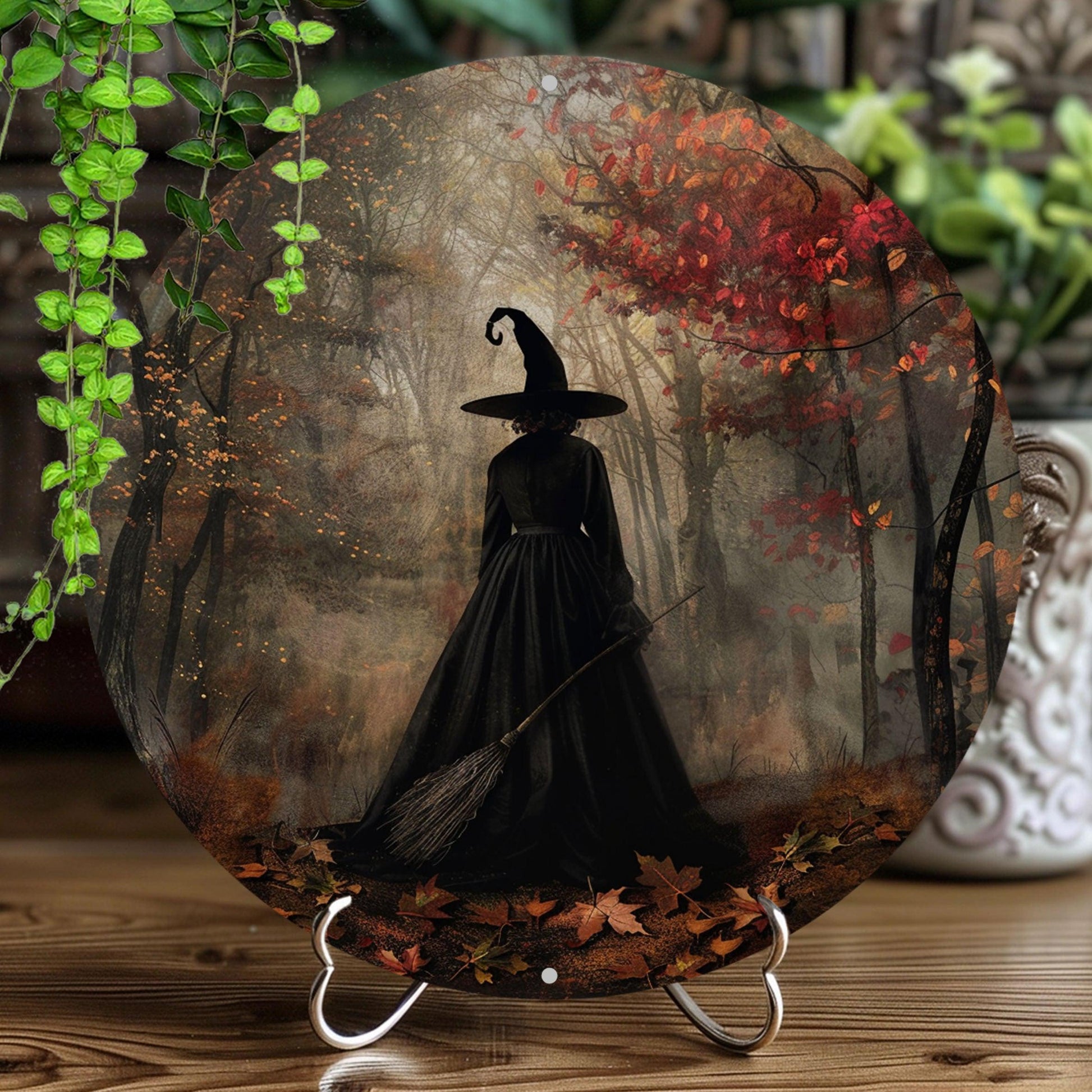 Witch Silhouette Metal Sign Forest Witch Occult Wall Sign For Halloween-MoonChildWorld