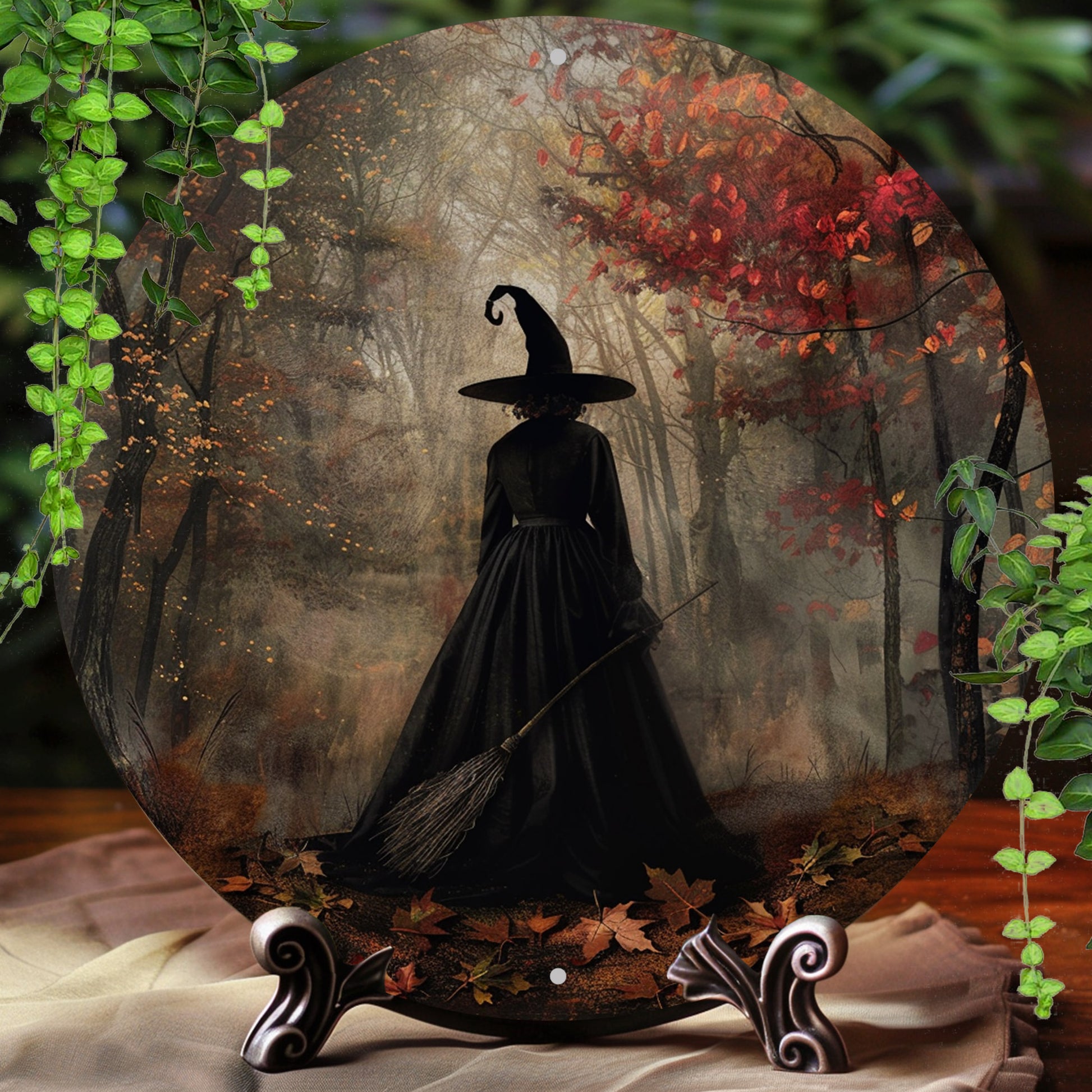 Witch Silhouette Metal Sign Forest Witch Occult Wall Sign For Halloween-MoonChildWorld