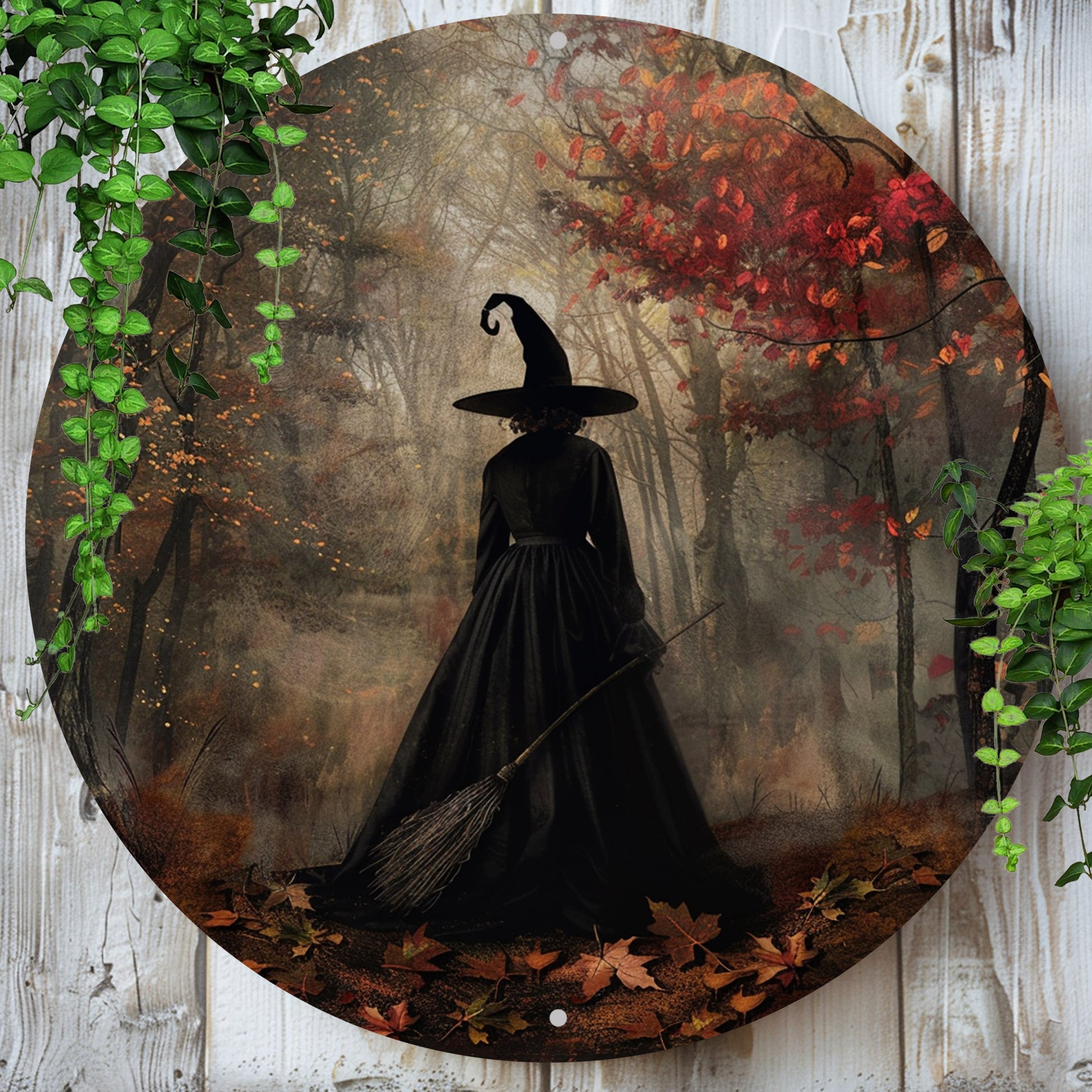 Witch Silhouette Metal Sign Forest Witch Occult Wall Sign For Halloween-MoonChildWorld