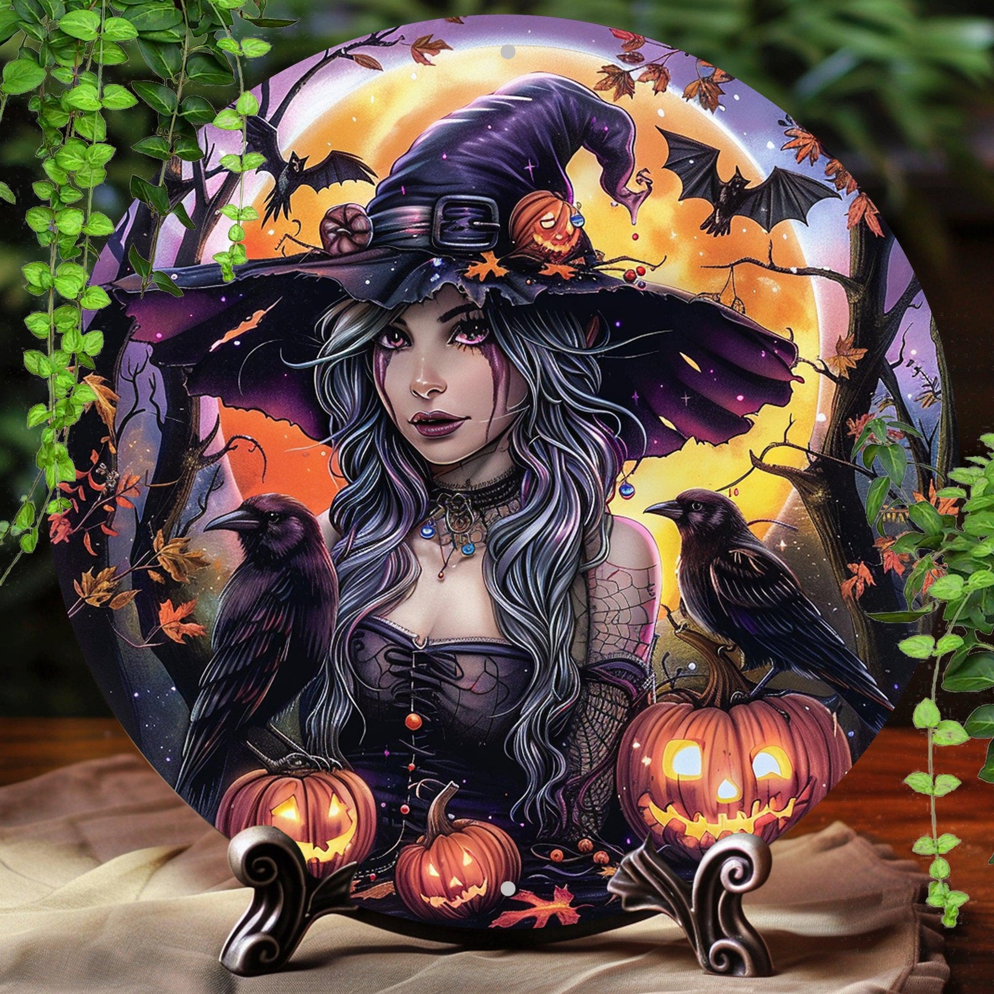 Witch & Ravens Metal Sign Halloween Wall Decor-MoonChildWorld