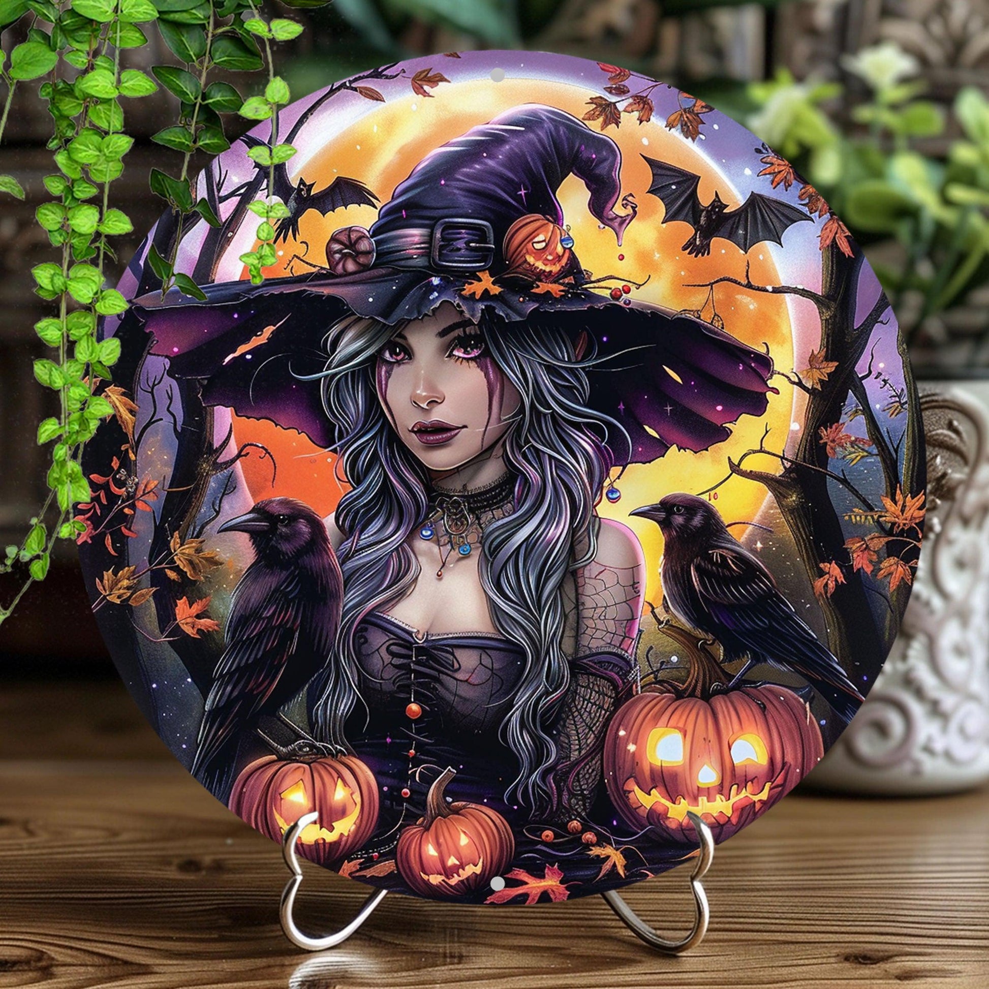 Witch & Ravens Metal Sign Halloween Wall Decor-MoonChildWorld