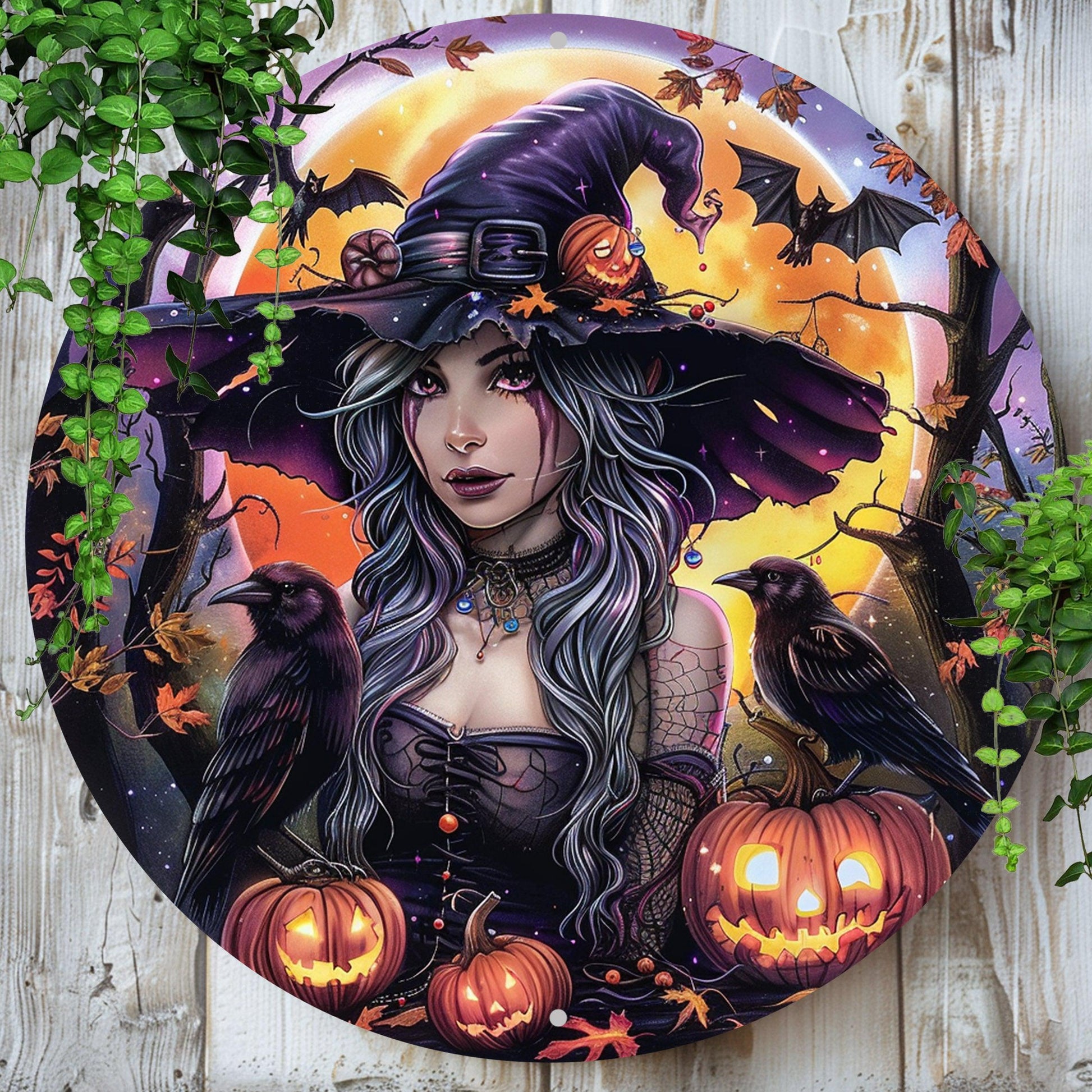 Witch & Ravens Metal Sign Halloween Wall Decor-MoonChildWorld