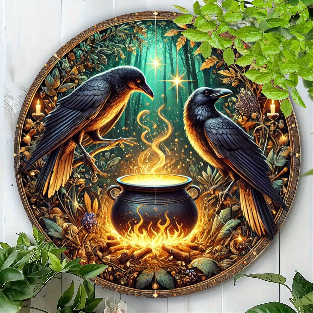 Gothic Crow Metal Sign Cauldron and Black Raven Halloween Metal Sign-MoonChildWorld