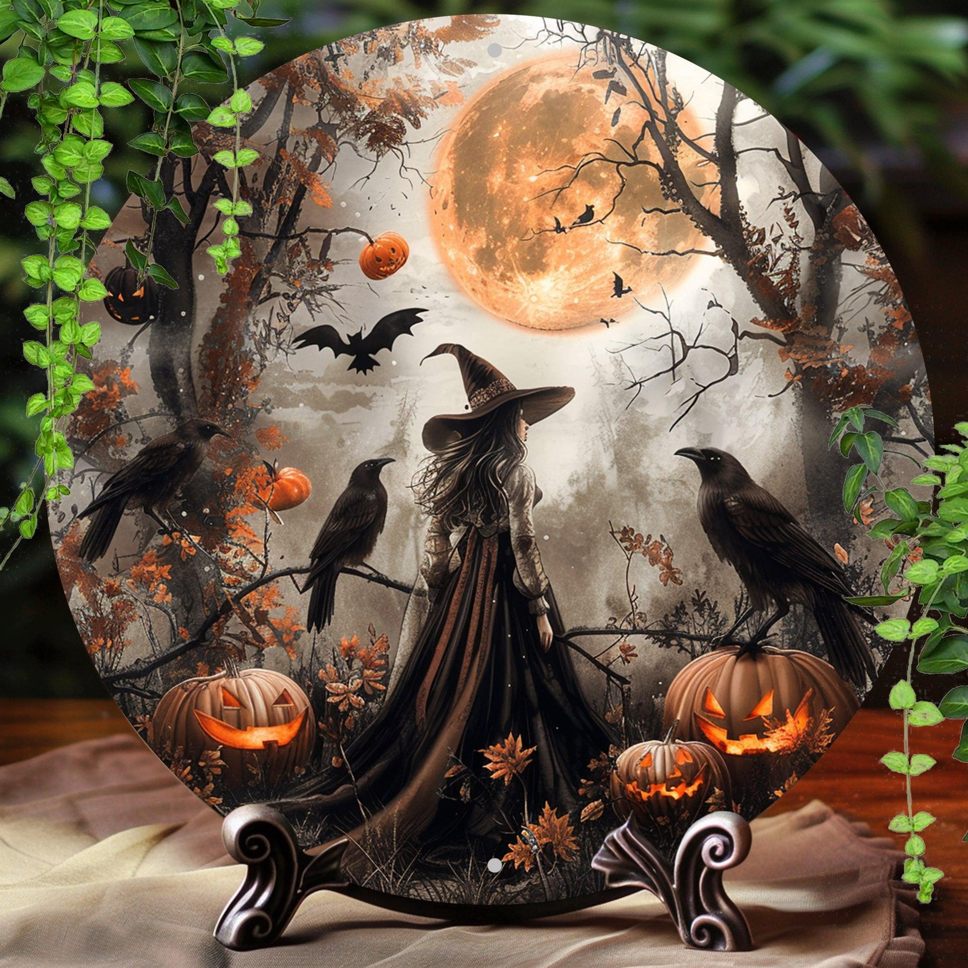 Pumpkin Raven and Witch Metal Sign Gothic Wall Sign Halloween Decor-MoonChildWorld