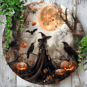 Pumpkin Raven and Witch Metal Sign Gothic Wall Sign Halloween Decor