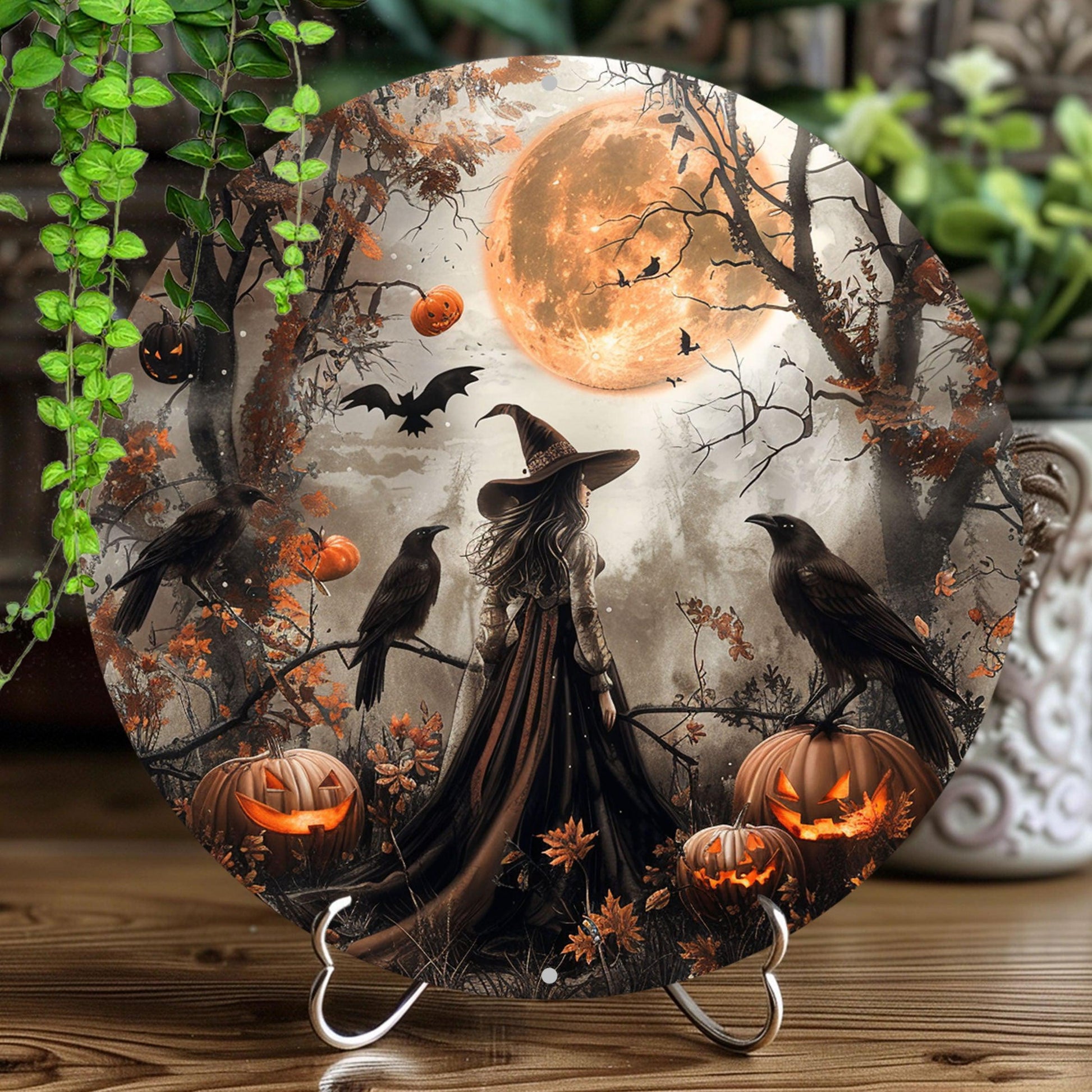 Pumpkin Raven and Witch Metal Sign Gothic Wall Sign Halloween Decor-MoonChildWorld