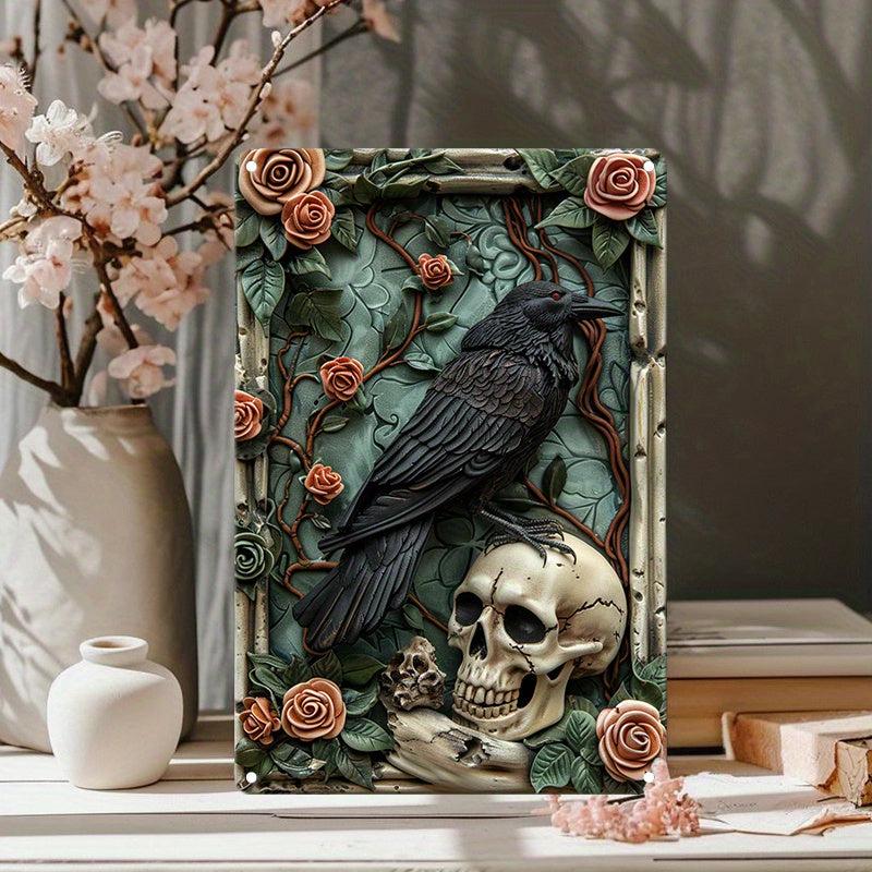 Skull & Crow Wall Art Gothic Raven Metal Sign for Halloween-MoonChildWorld