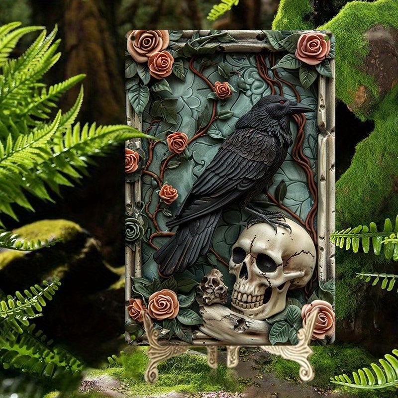 Skull & Crow Wall Art Gothic Raven Metal Sign for Halloween-MoonChildWorld