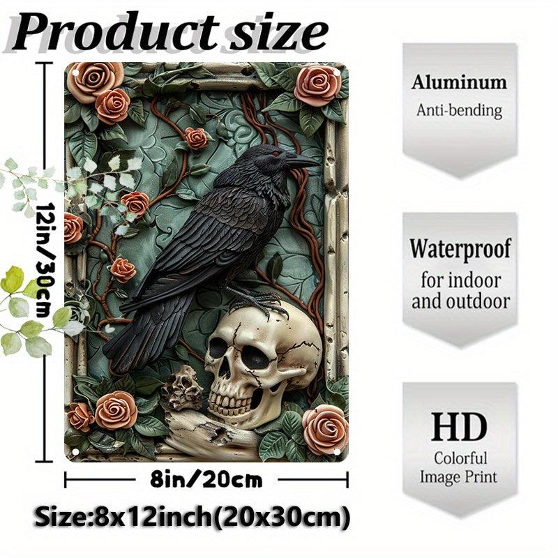 Skull & Crow Wall Art Gothic Raven Metal Sign for Halloween-MoonChildWorld