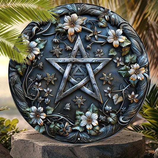 Floral Pentagram Wall Art Wiccan Pentagram Metal Sign for Yule Decor