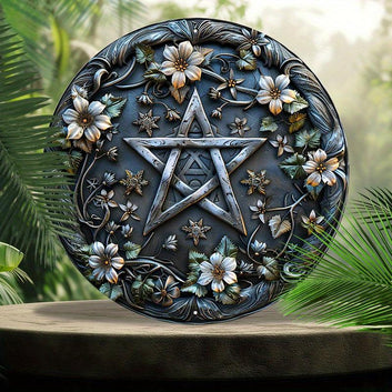 Floral Pentagram Wall Art Wiccan Pentagram Metal Sign for Yule Decor