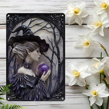 Witch with Crystal Ball Wall Art Dark Witch Metal Sign Halloween Home Decor