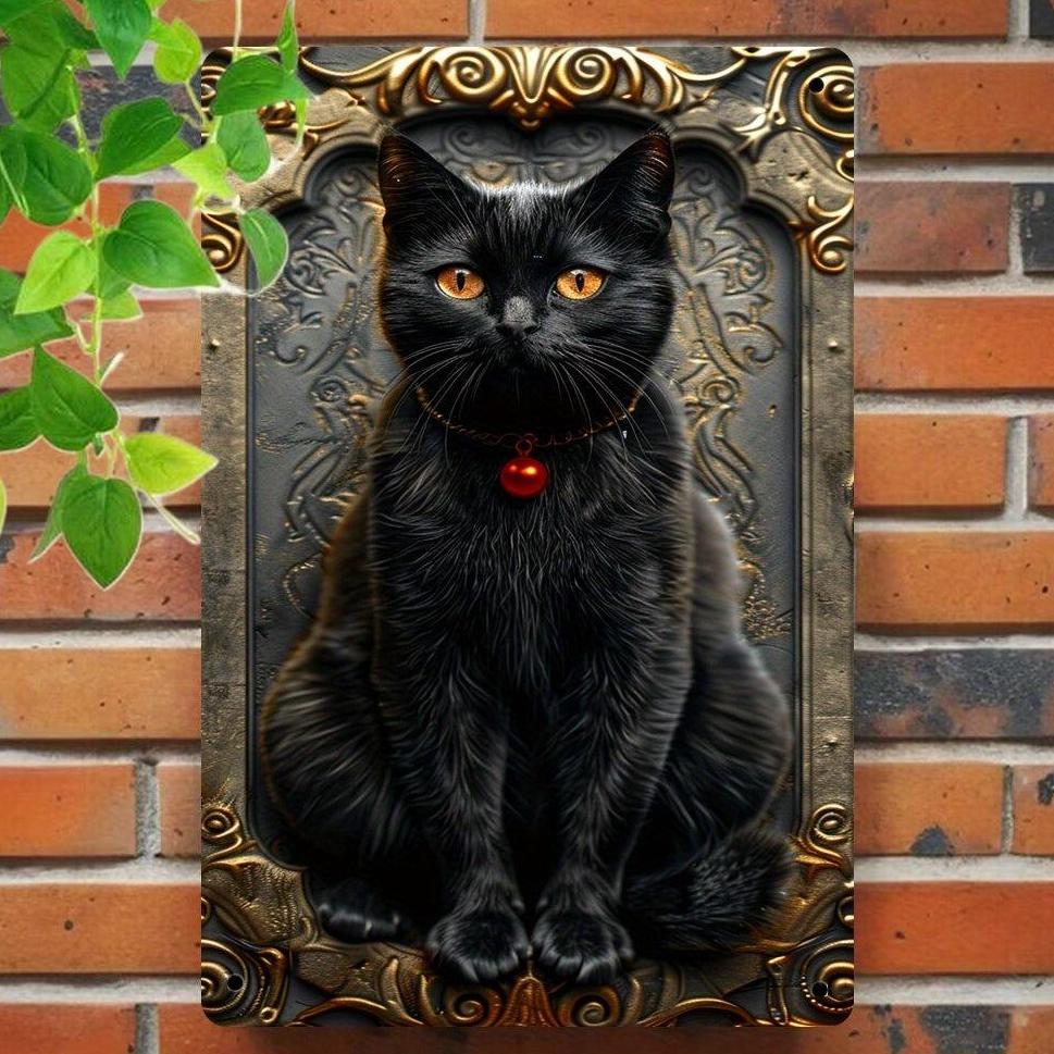 Vintage Metal Wall Hanging "Mysterious Black Cat" Sign Plaque - 8"x12" Multipurpose Decorative Tin Sign for Room, Bar, Man Cave, Restaurant & Cafe Wall Decor - Animal Theme, English Text-MoonChildWorld