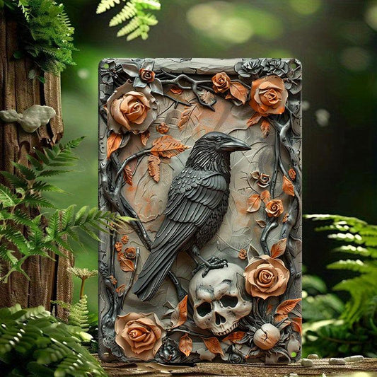 Skull & Crow Wall Art Gothic Raven Metal Sign for Halloween