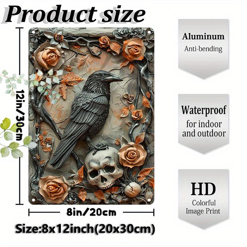 Skull & Crow Wall Art Gothic Raven Metal Sign for Halloween-MoonChildWorld