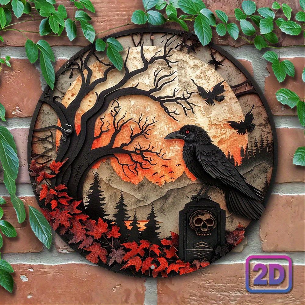 Black Raven & Tombstone Gothic Crow Wall Sign Gothic Metal Sign Halloween Decor-MoonChildWorld