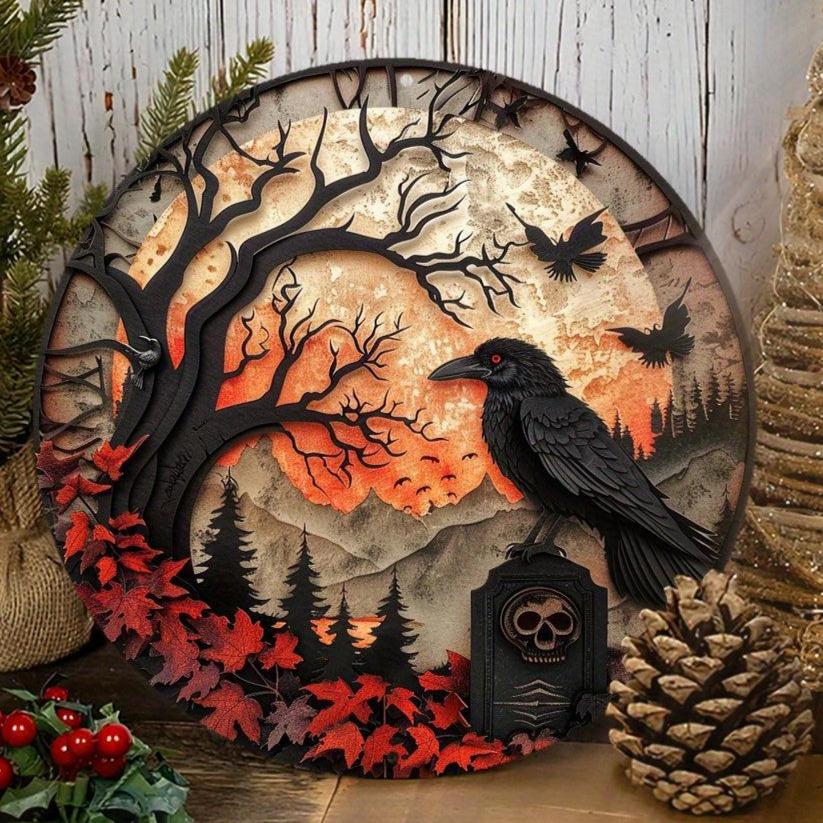 Black Raven & Tombstone Gothic Crow Wall Sign Gothic Metal Sign Halloween Decor-MoonChildWorld