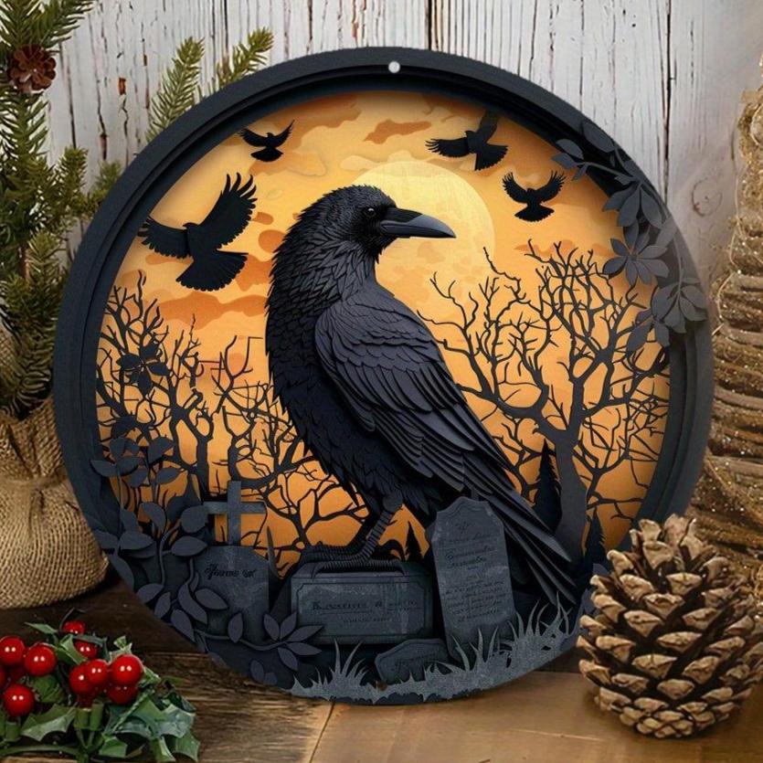 Black Raven & Tombstone Gothic Crow Wall Sign Gothic Metal Sign Halloween Decor-MoonChildWorld