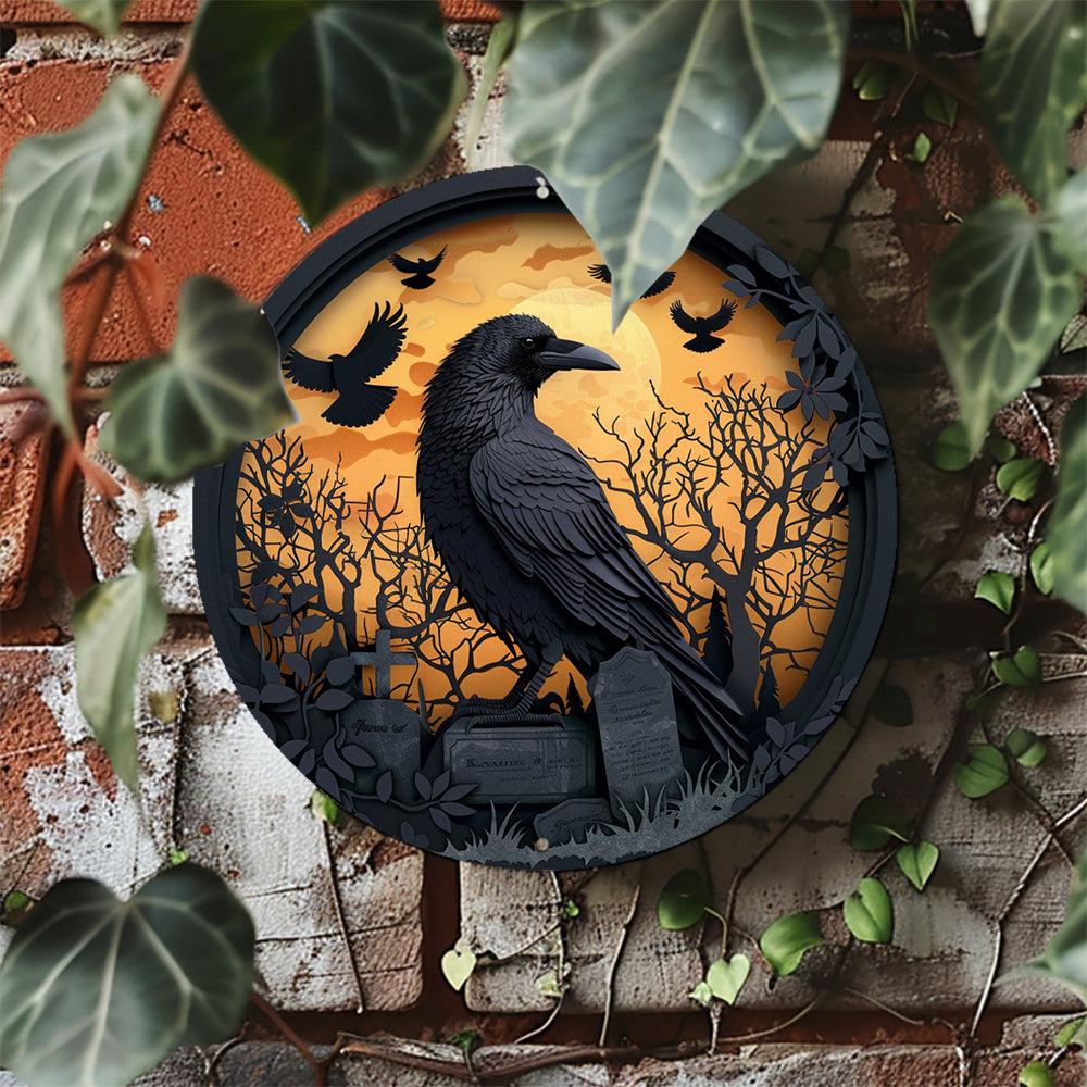 Black Raven & Tombstone Gothic Crow Wall Sign Gothic Metal Sign Halloween Decor-MoonChildWorld