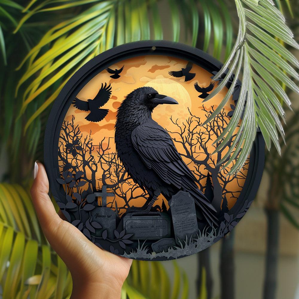 Black Raven & Tombstone Gothic Crow Wall Sign Gothic Metal Sign Halloween Decor-MoonChildWorld