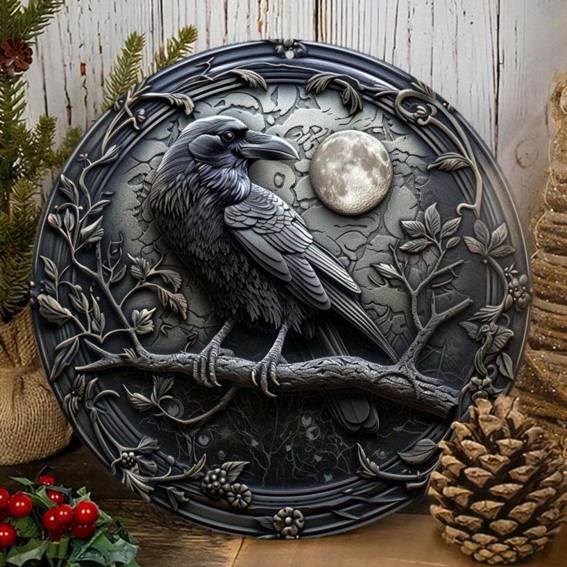 Moon Raven Wall Sign Gothic Crow Metal Sign Halloween Decor-MoonChildWorld