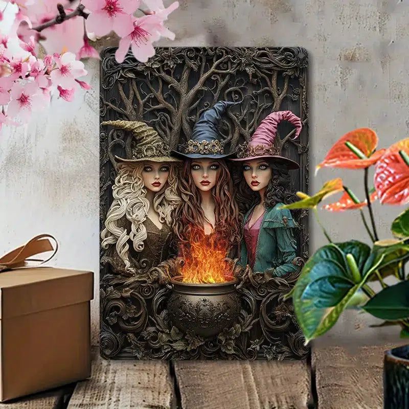 Charming Witch & Cauldron Wall Art Witchy Metal Sign Halloween Decor-MoonChildWorld