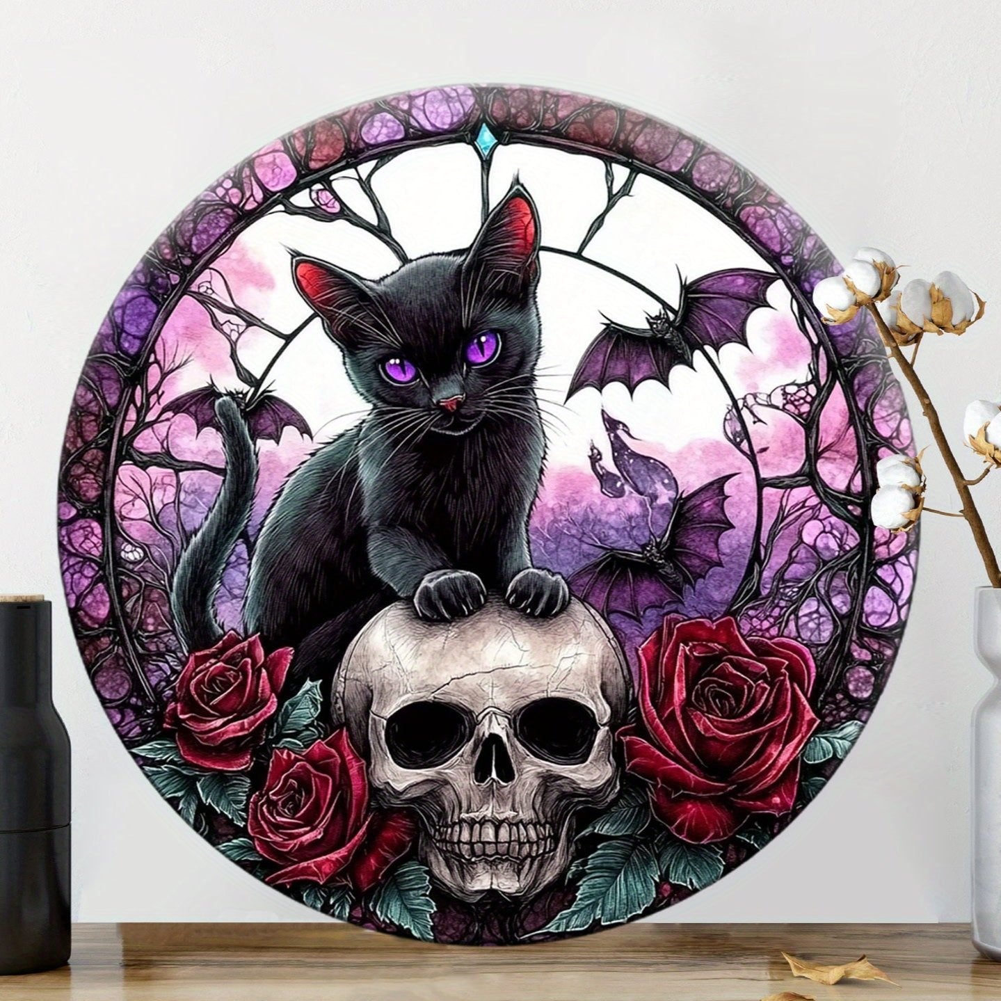 Witchy Black Cat Skull Metal Sign for Gothic Christmas Home Decor-MoonChildWorld