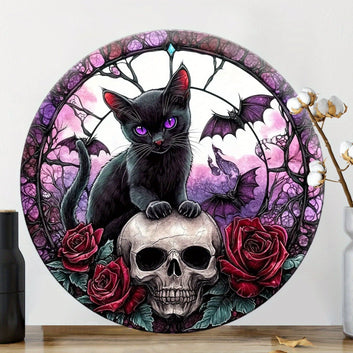 Witchy Black Cat Skull Metal Sign for Gothic Christmas Home Decor