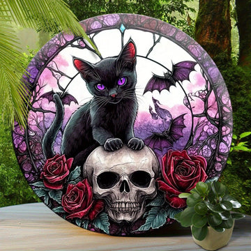 Witchy Black Cat Skull Metal Sign for Gothic Christmas Home Decor-MoonChildWorld