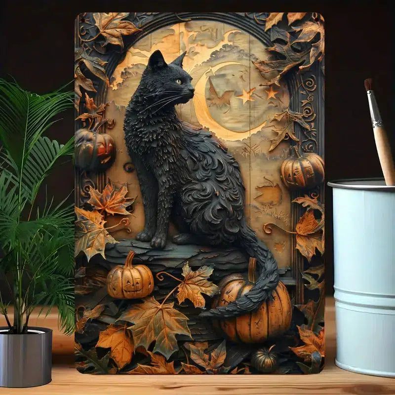 Pumpkin & Black Cat Wall Sign Halloween Welcome Sign-MoonChildWorld