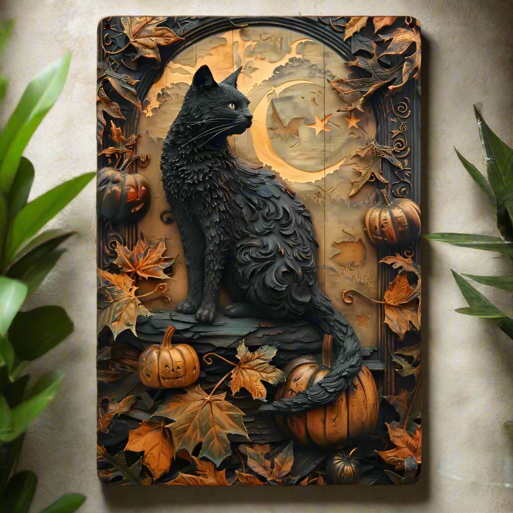 Pumpkin & Black Cat Wall Sign Halloween Welcome Sign-MoonChildWorld