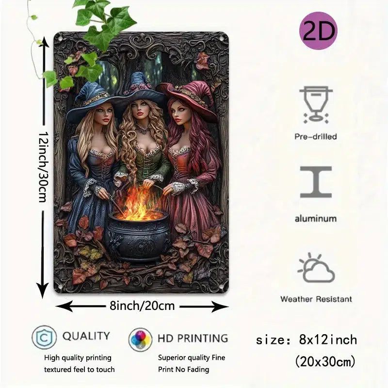 Charming Witch & Cauldron Wall Art Witchy Metal Sign Halloween Decor-MoonChildWorld