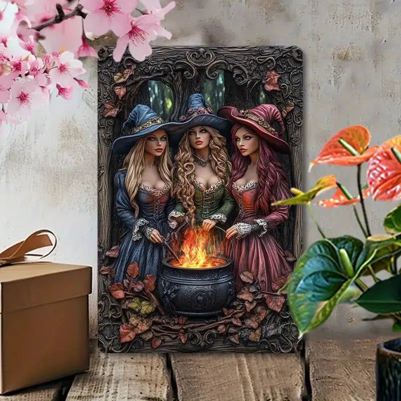 Charming Witch & Cauldron Wall Art Witchy Metal Sign Halloween Decor-MoonChildWorld