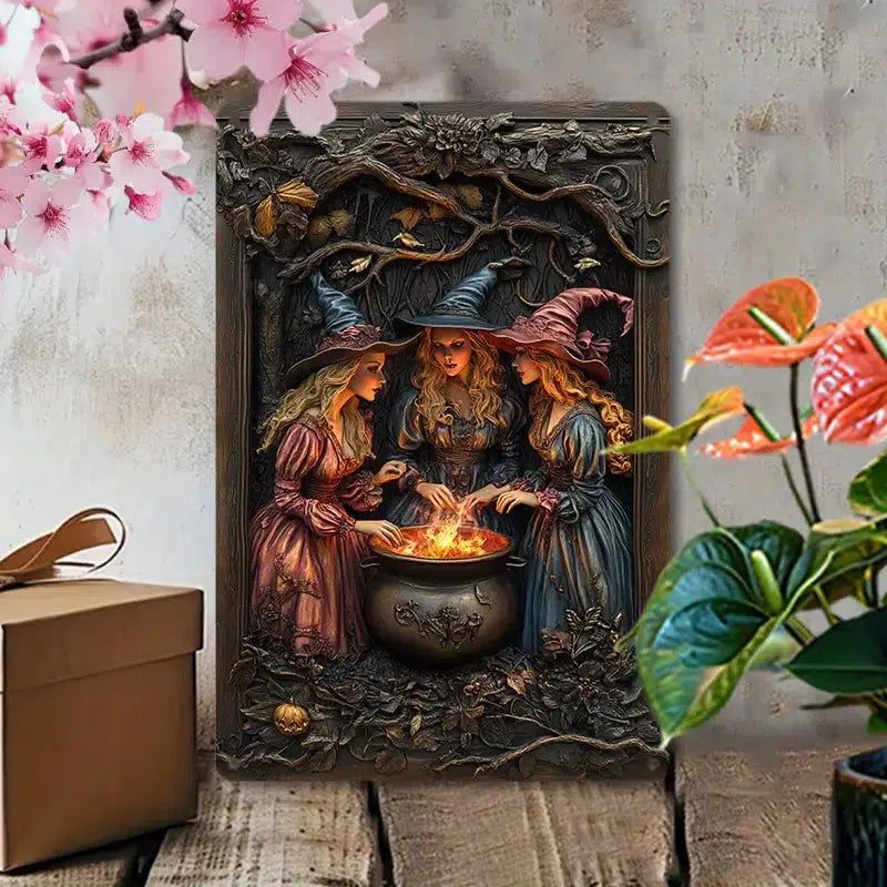 Charming Witch & Cauldron Wall Art Witchy Metal Sign Halloween Decor-MoonChildWorld