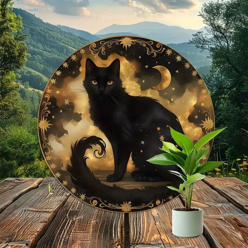 Moon and Black Cat Witchy Metal Sign Occult Cat Decor-MoonChildWorld