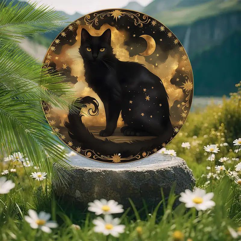 Moon and Black Cat Witchy Metal Sign Occult Cat Decor-MoonChildWorld