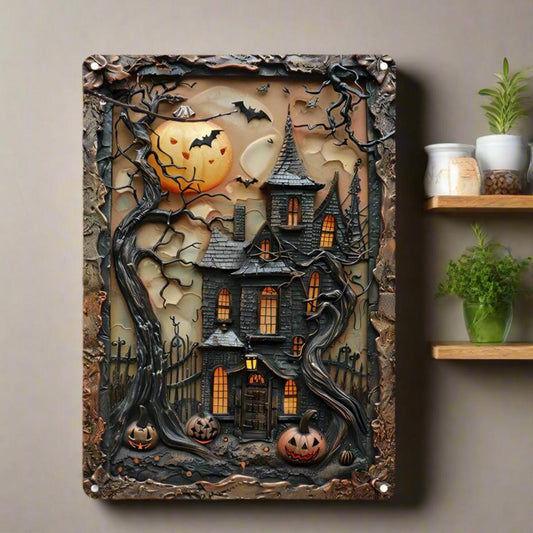 Witch Haunted Castle Wall Art Halloween Metal Sign Spooky Home Decor