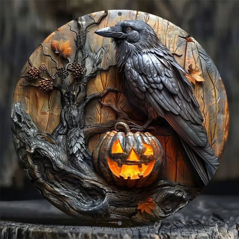 Black Raven Metal Sign Halloween Crow Spooky Home Decor-MoonChildWorld