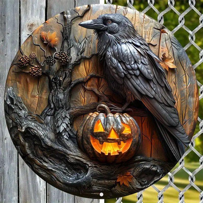 Black Raven Metal Sign Halloween Crow Spooky Home Decor-MoonChildWorld