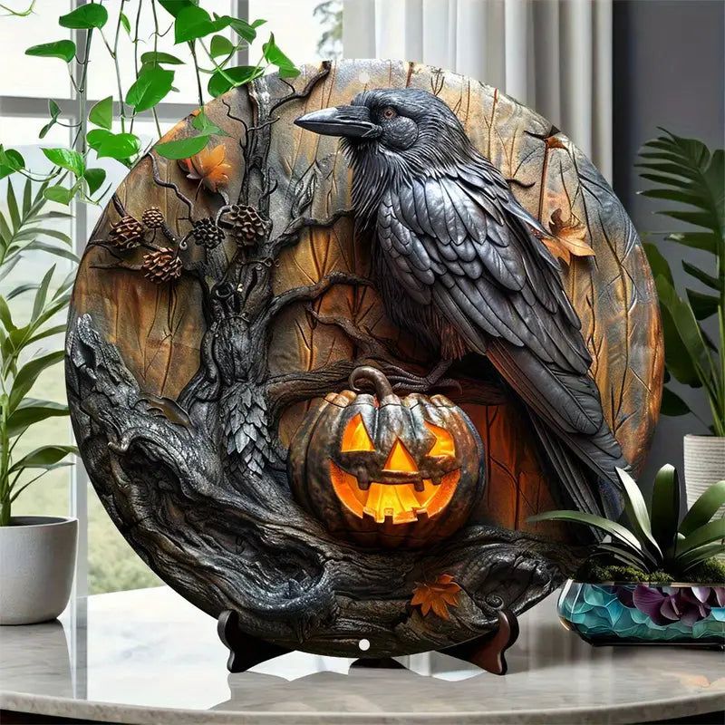 Black Raven Metal Sign Halloween Crow Spooky Home Decor-MoonChildWorld