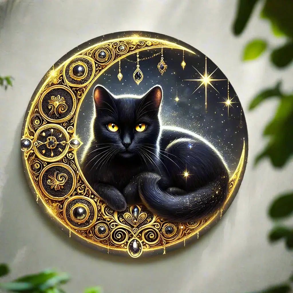 Vintage Black Cat on the Moon Wall Art Black Cat Metal Sign-MoonChildWorld