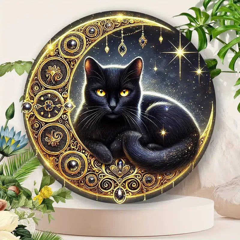 Vintage Black Cat on the Moon Wall Art Black Cat Metal Sign-MoonChildWorld