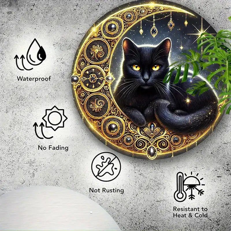 Vintage Black Cat on the Moon Wall Art Black Cat Metal Sign-MoonChildWorld