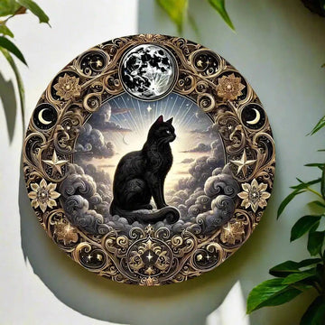 Celestial Moon and Black Cat Metal Sign Occult Cat Wall Decor-MoonChildWorld