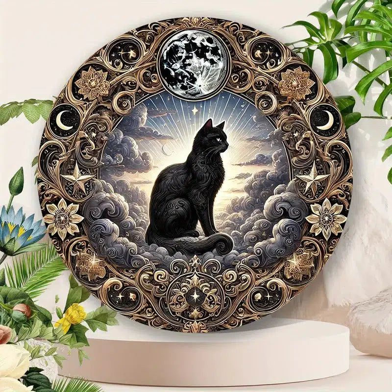 Celestial Moon and Black Cat Metal Sign Occult Cat Wall Decor-MoonChildWorld